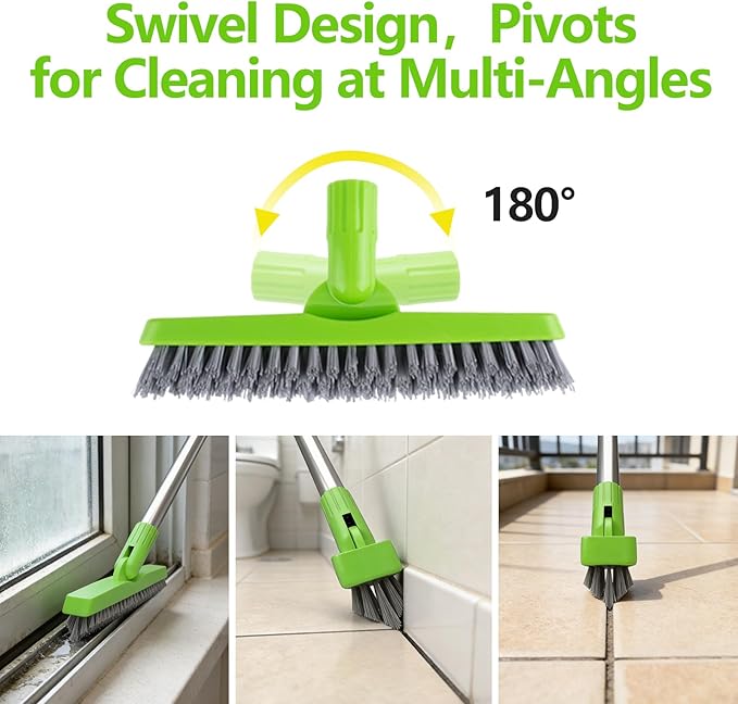 ITTAHO 2 Pack Grout Brush with Long Handle, Swivel Cleaning Grout Line Scrubber - Extendable Durable Handle Grout Cleaner Brush for Bathroom,Tile,Baseboard,Walk in Shower,Corner & Narrow Space (Green)