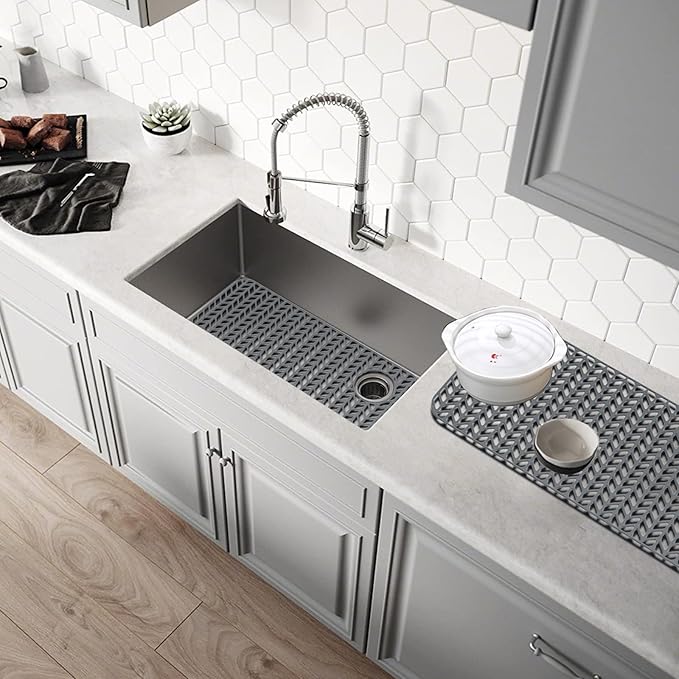 GUUKIN Sink Protectors for Kitchen Sink - 28.6"x 14.5" Silicone Kitchen Sink Mat Grid for Bottom of Farmhouse Stainless Steel Porcelain Sink with Right & Left Drain（Grey）, 2814R