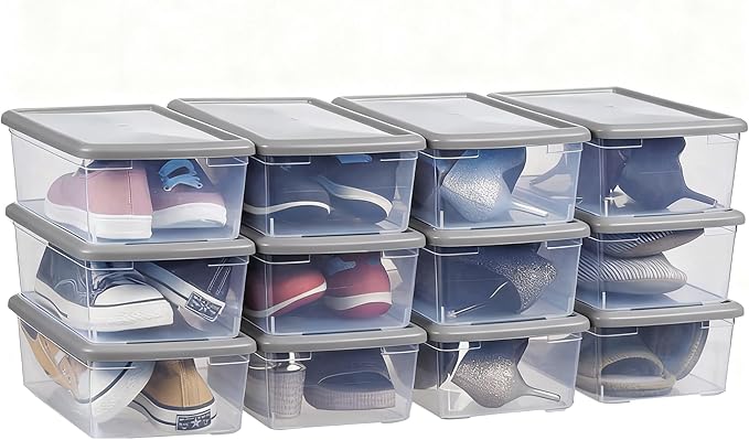 Stackable Plastic Storage Shoebox, BPA-Free Nestable Container with Latching Lid to Organize Shoes, See-Through Box for Home and Office, Multi-Purpose Clear Bins (Grey, 12 Pack)