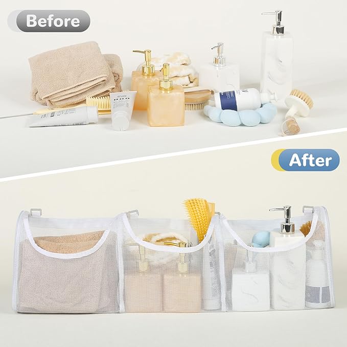 Bath Toy Storage, Large Capacity 3 Compartments Bathtub Toy Storage, Opening Bath Tub Toy Holder Organizer, Mesh Shower Caddy for Kids Baby Bathroom Toy
