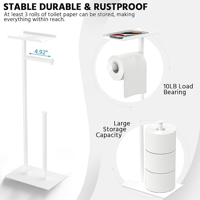 CISILY White Toilet Paper Holder Stand with Phone Shelf, Bathroom Toliet Decor Decoration. Tissue Paper Roll Holder Free Standing Storage, Rv Accessories, Apartment Restroom Household Home Essentials…