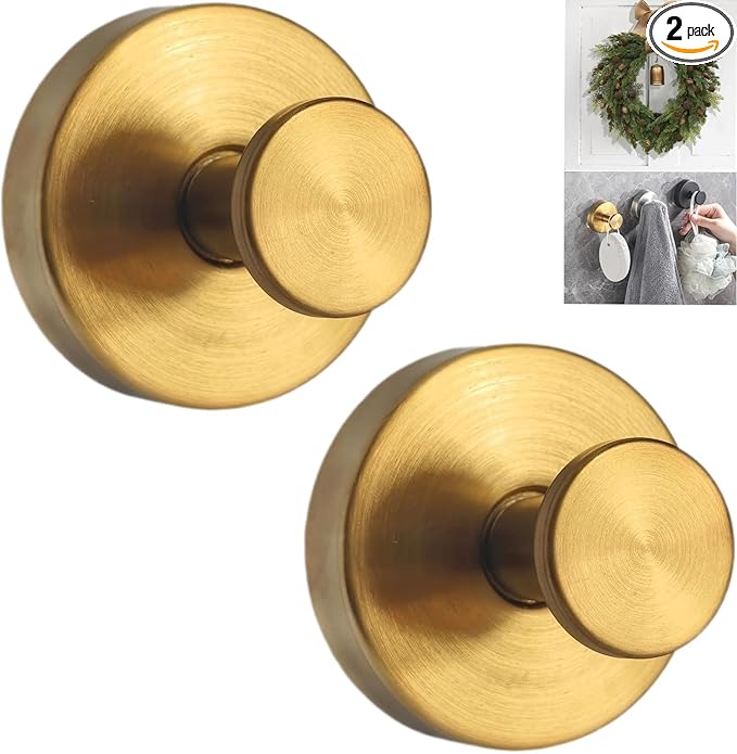 Suction Cup Hooks for Wreaths, 2025 New No Drill Suction Cup Hooks for Shower Hanging Towels, Wreath Hanger for Front Door, Holder for Glass Window Door Bathroom Mirrors (2pcs, Gold)