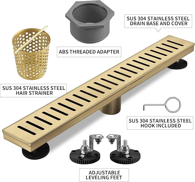 Linear Shower Drain 36 inch, Floor Drain with Removable Pattern Grate, 304 Stainless Steel Rectangular Linear Drain with Hair Strainer, CUPC Certified, Brushed Gold, SD-104