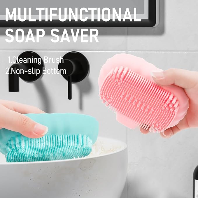 Silicone Soap Dish with Drain 2 Pcs, Anti-Slip Bathroom Bar Soap Holder Dishes Self Draining Waterfall Saver Plate for Shower Sink - Unique Bottom Brush Easy Dry & Clean (Pink + Lavender Grey)
