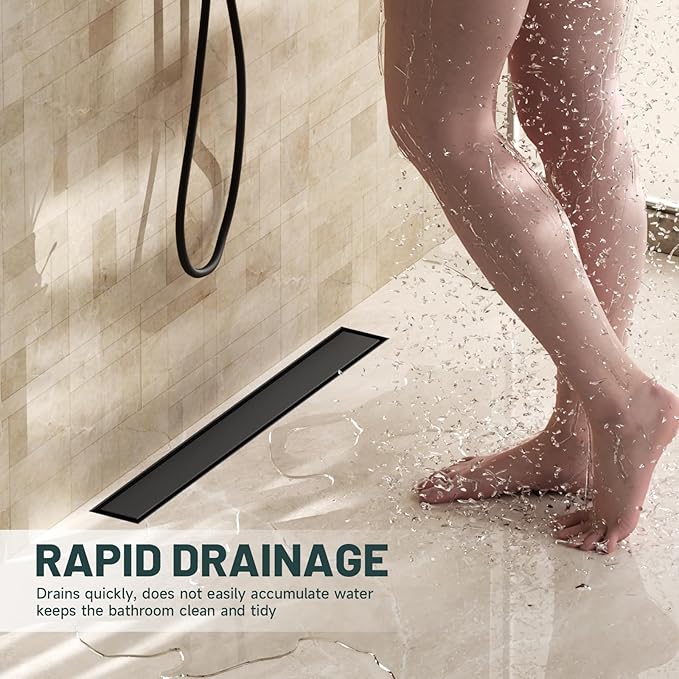 24-Inch Linear Shower Floor Drain, Stainless Steel Bathroom Floor Drains, Rectangular Shower Trench Floor Drain, Hair Strainer, Matte Black
