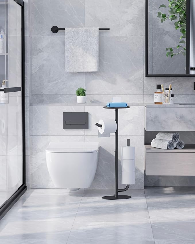 Kitsure Toilet Paper Holder Stand - Spacious Toilet Paper Storage for 4 Rolls, Rustproof Bathroom Organizers and Storage with Shelf for Phone & Small Items, 9.1"×5.8"×27.6", Black