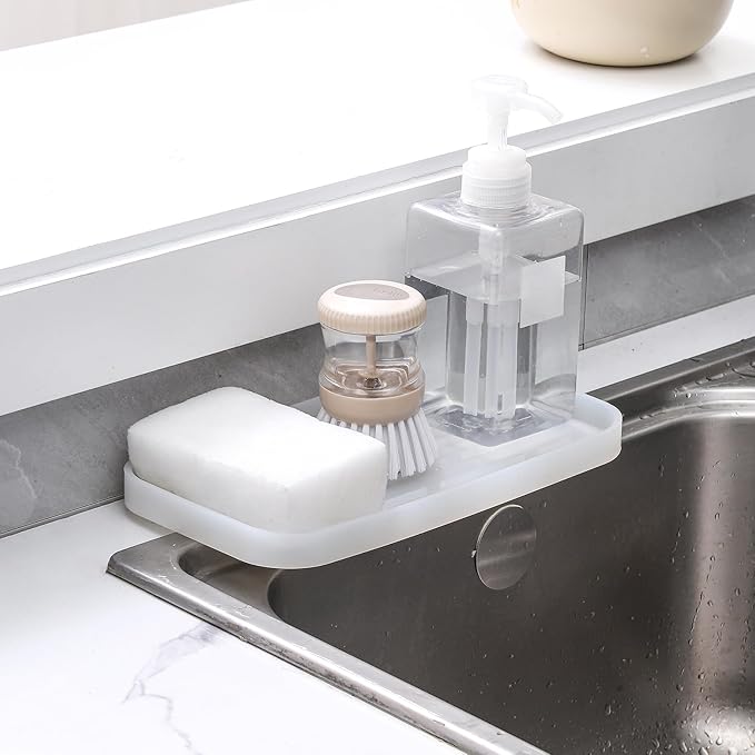 Silicone Kitchen Sink Organizer Tray for Multiple Usage,Easy Clean Sponges Holder for Kitchen Bathroom Counter or Sink,Dish Soap Dispenser,Scrubber,Bottle,Cup Translucent 10”x 5.3”