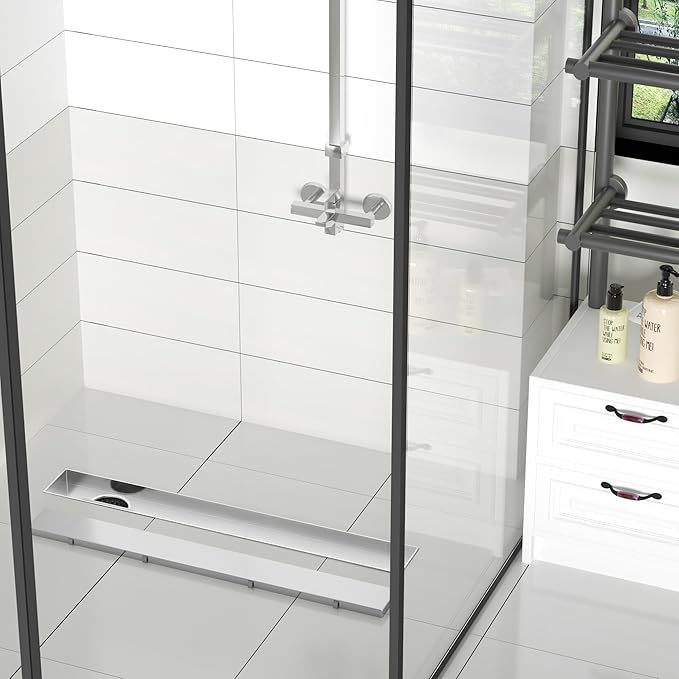 Neodrain 28-Inch Offset Linear Shower Drain with Tile Insert Grate Cover, Brushed 304 Stainless Steel Rectangle Side Outlet Shower Floor Drain, Adjustable Leveling Foot, Hair Strainer/Catcher