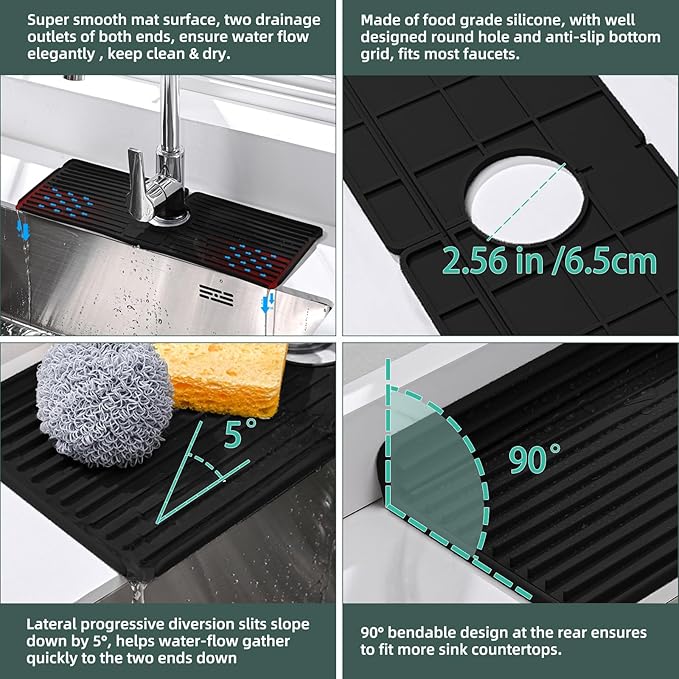 Faucet Mat for Kitchen Sink, Silicone Faucet Handle Drip Catcher Tray, Drying Mat as Sponge and Soap Holder with Lateral Inflow for Kitchen Bathroom Farmhouse & RV Sink Accessories (Black)