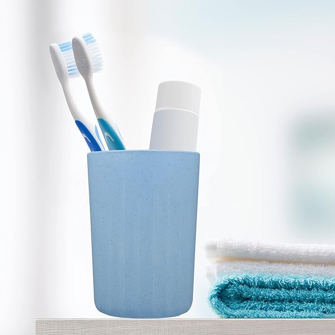 VOCOSTE 1Pc Bathroom Tumbler with Smooth Lines, Wheat Straw Cup, for Bathroom for Toothpaste Blue 4.09''x2.80''