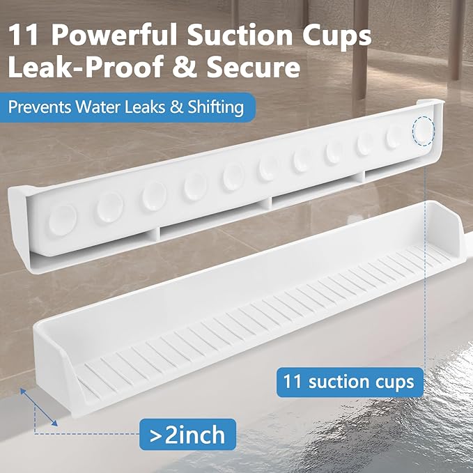 2.6-Ft Bathtub Splash Guard for Tub Kids, Silicone Splash Shield with 11 Suction Cups, Toy Tray Shelf, No Spill Water Barrier, Prevents Mess, Fun Bathtime for Toddlers Baby–White