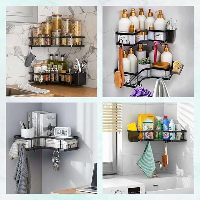 Sben Corner Adhesive Shower Caddy, 4 Pack, Organizer Shelves, No Drilling, Rustproof Material Storage Rack, 4 Extra Hooks, Toothpaste Holder and Soap Dish Holder for Bathroom (Black)