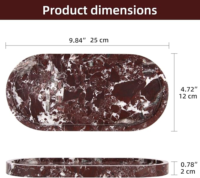 Oval Marble Bathroom Vanity Tray, Natural Luxury Marble Home Kitchen Bathroom Table Tray, Stone Decorative Countertop Serving Trays for Coffee Perfume Jewelry Makeup(Rosso Lepanto, 10 * 5 * 0.6)