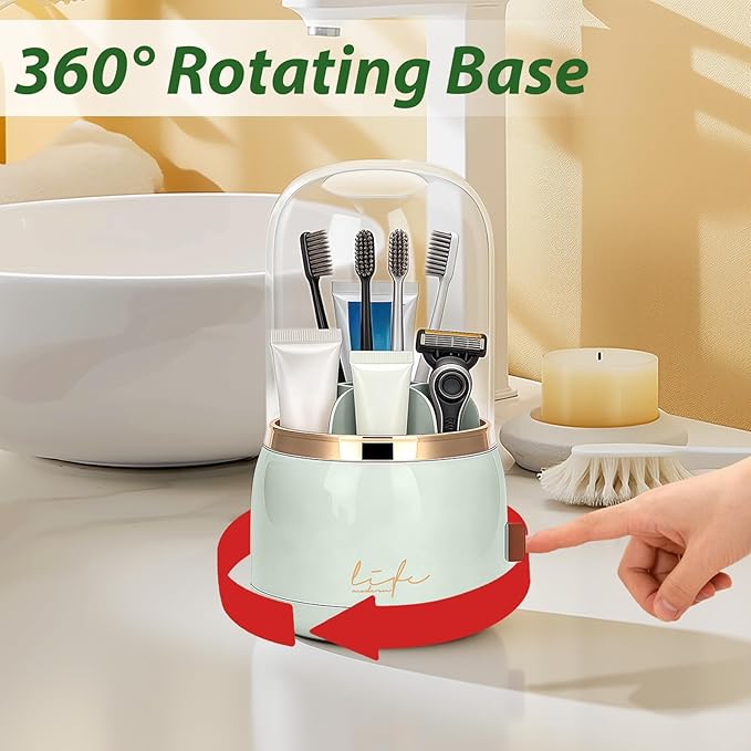 360 Rotating Toothbrush Holder with Cover, 7-Slot Bathroom Organizer with Drainage for Electric Toothbrushes & Toothpaste, Countertop Vanity Storage for Makeup Brushes