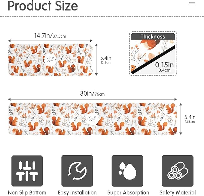 Squirrels and Fall Leaves Kitchen Sink Splash Guard Sink Faucet Mat Faucet Handle Drip Catcher Drain Mats for Kitchen Bathroom Countertop Absorbent Dish Drying Pad 2Pack 30x5.4IN