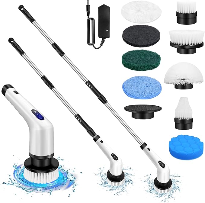 Electric Spin Scrubber Cordless Power Shower Bathroom Scrub Brush, Cordless Electric Cleaning Brush, Shower Scrubber with Long Handle, Waterproof Bathroom Power Scrubber for Cleaning Floor Tile Tub