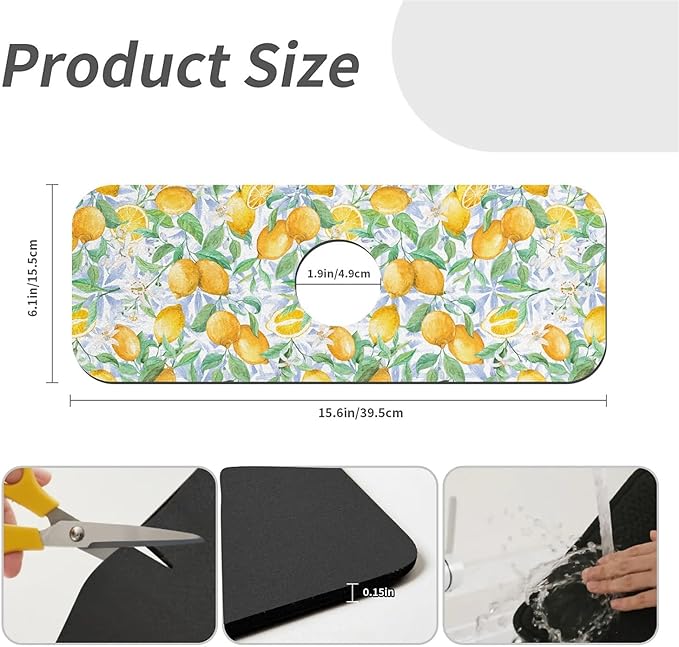 Faucet Draining Mat For Kitchen Sink, Yellow Lemons And Blue Tiles Diatom Mud Absorbent Drain Pad For Bathroom Kitchen Sink Splash Guard Drying Mat