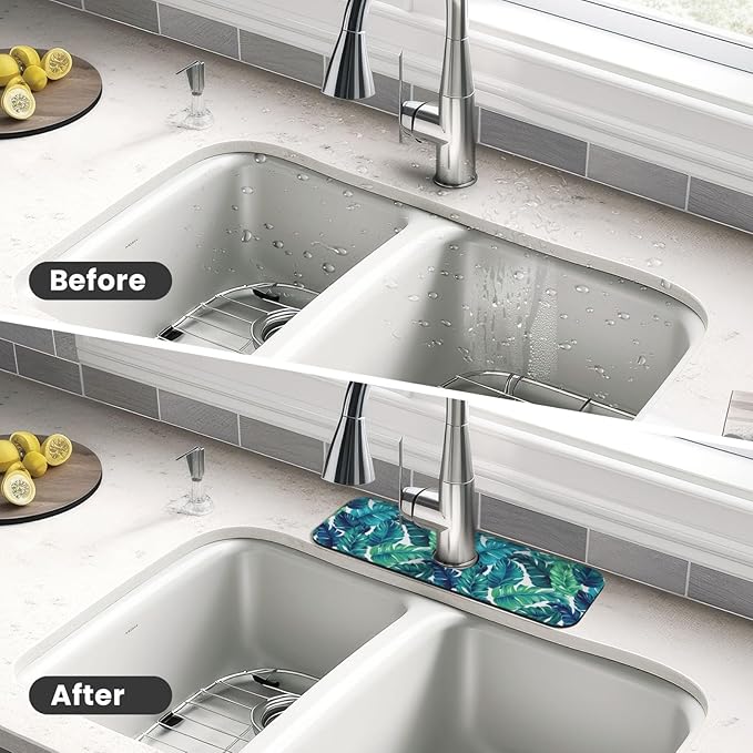 Green Tropical Palm Leaf Summer Kitchen Sink Splash Guard Faucet Mat 1 Pcs, Absorbent Fast Drying Mat Gadgets Splash Guard For Bathroom 15 X 5.5 Inches