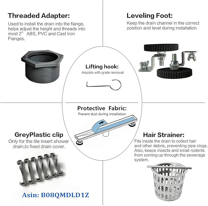 Neodrain 30-Inch Linear Shower Drain with Tile Insert Grate,Brushed 304 Stainless Steel Rectangle Shower Floor Drain, Linear Drain with Leveling Feet, Hair Strainer