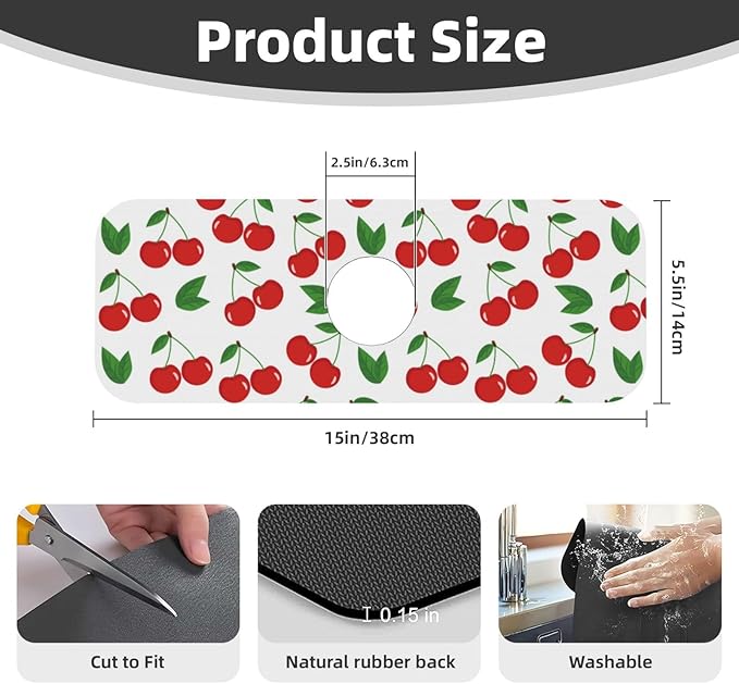 Fruit Cherry Red Cherries Leaves Leaf White Kitchen Sink Splash Guard Faucet Mat Super Absorbent Fast Drying Mat Sink Gadgets-Fast Drying Pad Sink Mat For Kitchen Bathroom (15" X 5.5" )