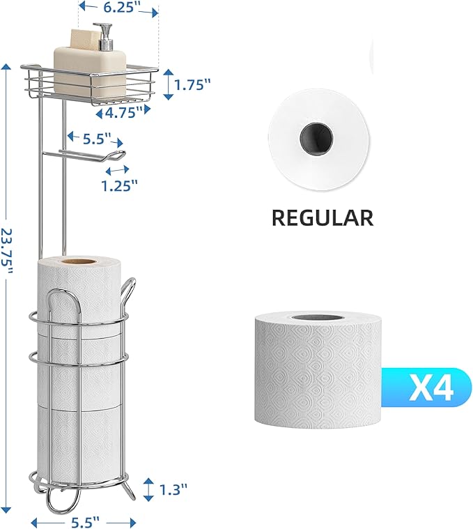 Simple Trending Toilet Paper Holder Free Standing,Toilet Paper Stand with Shelf for 4 Rolls, for Phones,Tissues,Wipes and Bathroom Toilet Paper Storage, Chrome
