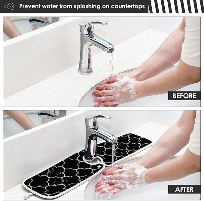 2 PCS Kitchen Sink Splash Guard 30 Inch Faucet Mat for Kitchen Sink Bathroom Sink Faucet Absorbing Drip Drain Mat Pad Microfiber Soft Washable Grey and Black Quatrefoil