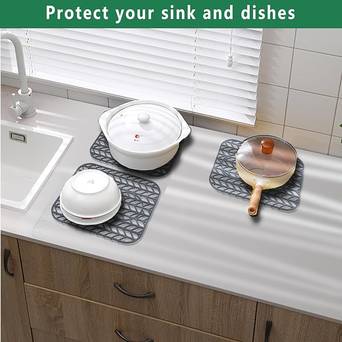 GUUKIN Sink Protectors for Kitchen sink, 13 5/8" x 11 5/8" Folding Non-slip Silicone Sink Mat Grid for Bottom of Farmhouse Stainless Steel Porcelain with 3 Reserved Holes Pack of 2