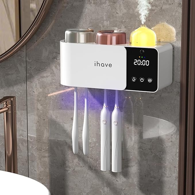 iHave Toothbrush Holders Wall Mounted with Toothbrush Sanitizer & Aromatherapy Diffuser | Auto-Cycle Disinfection, Heated Fan Drying, USB Rechargeable, IR Night Light,LED - 2 Cups Bathroom Organizer