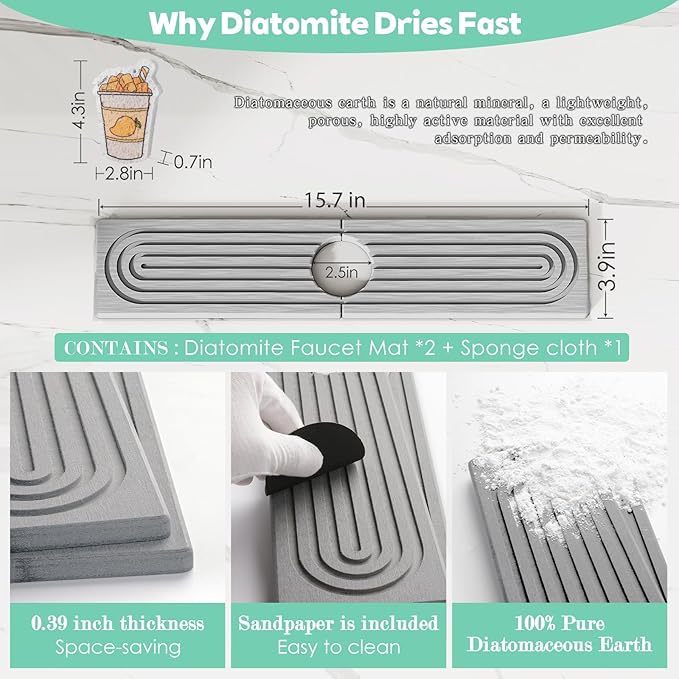 15.7 Inch Long Stone Faucet Mat for Kitchen Sink-Diatomite Quick Dry Kitchen Sink Splash Guard,Super Absorbent, Stone Quick Dry Around Faucet (Light Grey)