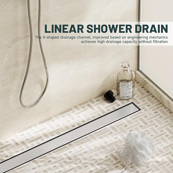 32-Inch Linear Shower Floor Drain, Stainless Steel Bathroom Floor Drains, Rectangular Shower Trench Floor Drain, Hair Strainer, Brushed Nickel