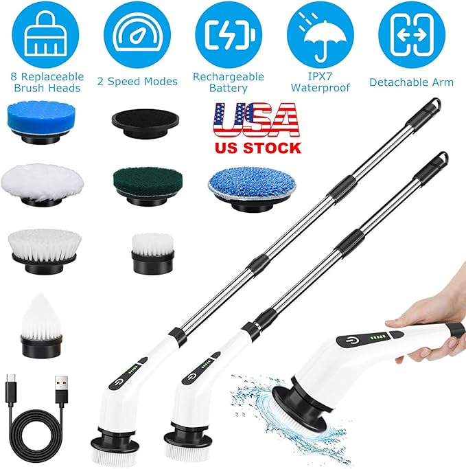 Electric Spin Scrubber, Cordless Telescopic Rechargeable Cleaning Brush, 8 Replaceable Heads, 2 Speed Adjustable for Bathroom & Floor