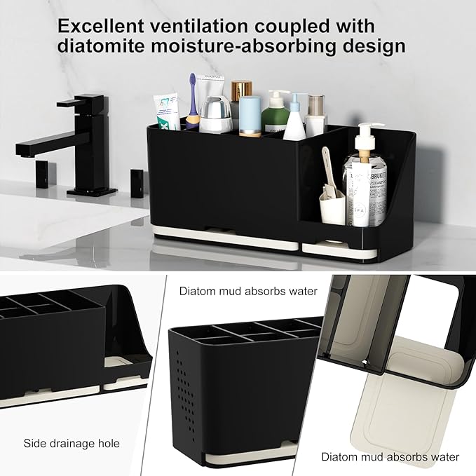 JUMEIHUI Bathroom Countertop Organizer with Water Absorbent Diatomite,8 Slots Bathroom Toothbrush Holder with Adjustable Dividers,Bathroom Sink Organizer Countertop (Black)