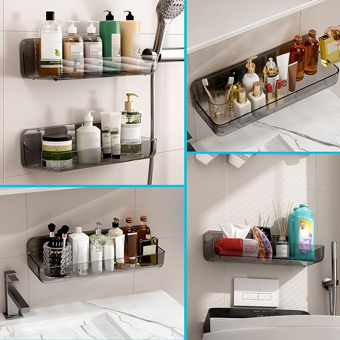 CGBE 2-Pack Acrylic Shower Shelves, Large Capacity Adhesive Shower Shelf, No Drilling Adhesive Bathroom Shelf with Drain Holes,Clear Wall Mount Organizer for Bathroom Storage