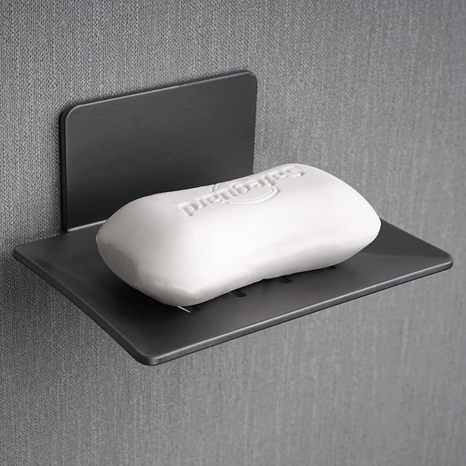 Soap Dishes for Bathroom, Bar Soap Holder with Self Draining Tray, Soap Tray for Shower Wall, 4 Slot Self-Adhesive Soap Container (Gun Grey)