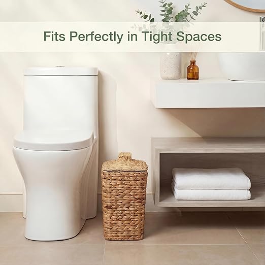 Wicker Trash Can with Lid and Liner - Rattan Trash Can for Bathroom - Decorative Wicker Waste Basket for Bedroom, Kitchen and Office (Natural Hyacinth)
