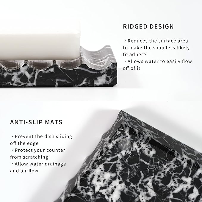 LWAMS Black Marble Soap Dish - Rectangle Decorative Stone Soap Bar Tray for Bathroom Sink Shower, Self Draining Marble Sponge Holder for Kitchen Countertop