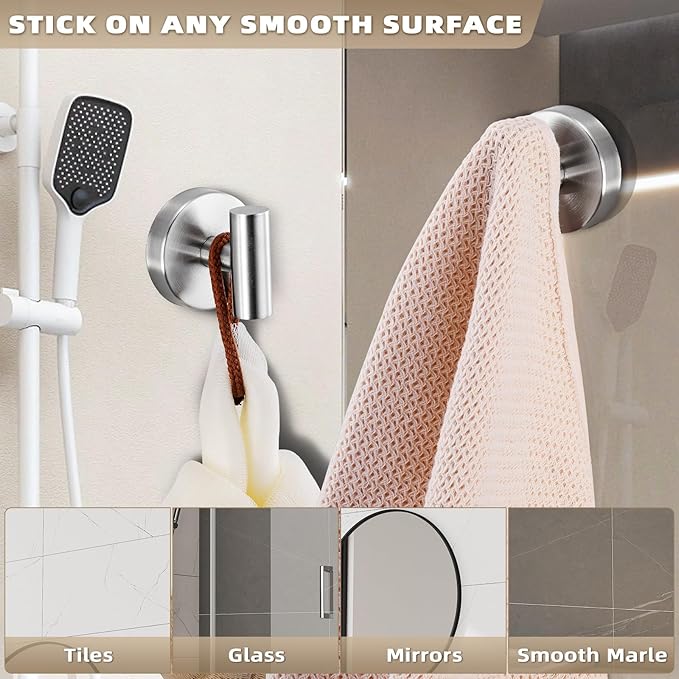 Suction Cup Hooks for Shower - Bathroom Reusable Hooks for Towels, Robes & Loofah - No-Drill Mounting on Kitchen,Walls,Metal,Glass,Mirrors,Tile & Smooth Non-Porous Surfaces (4, Brushed Nickel)