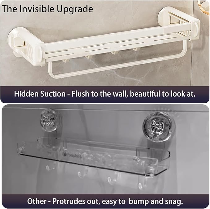 12" Shower Caddy Suction Cup, Concealed Shower Shelves Suction Cup with Hooks & Towel Bar, NO-Drilling Suction Shelf for Bathroom & Kitchen - White