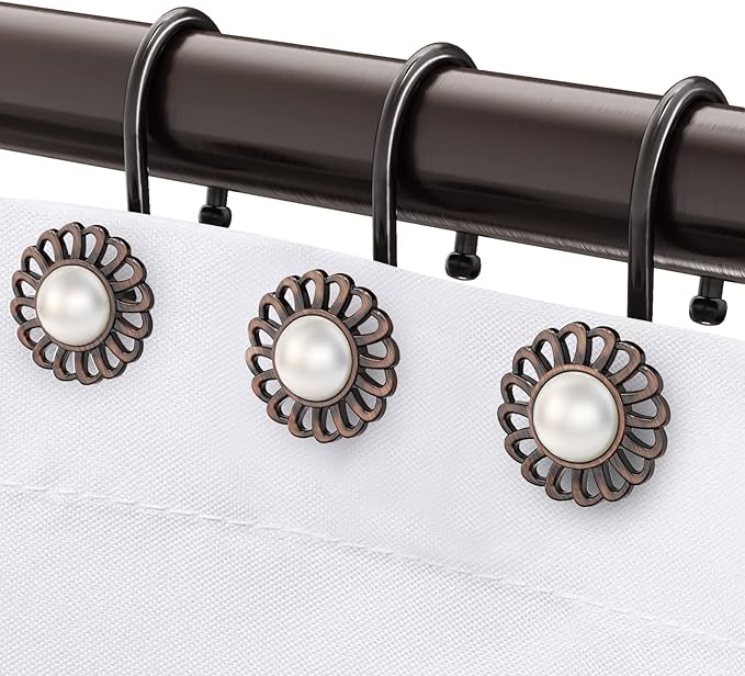 Oil Rubbed Bronze Shower Curtain Hooks, Decorative Sunflower Shower Curtain Rings for Bathroom Shower Curtain Rods and Liner,Metal Shower Hooks, Floral Pearl Shower Rings for Curtain Set of 12