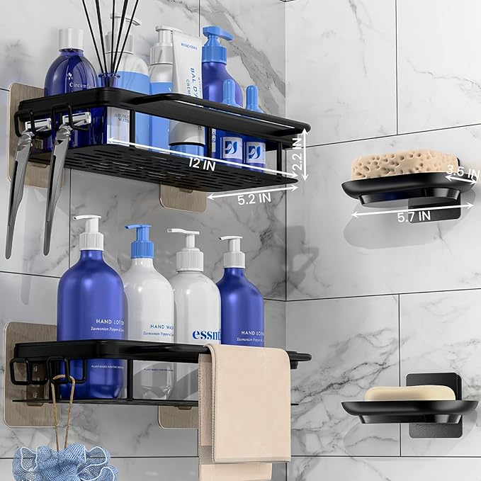 Flat Panel Design Shower Caddy,Anti-Tip & Anti-Fall Bathroom Organizers and Storage,4-Pack Rust-Resistant Aluminum Shower Shelves with Soap Holder&Towel Bar,Spacious Bathroom Accessories Set