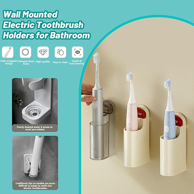 3 Pack Electric Toothbrush Holders for Bathroom, Wall Mounted Clear Electric Toothbrush Organizer, Self Adhesive Bathrooms Toothbrush Storage for Shower, Saving Space and Keep Drying (Cream)