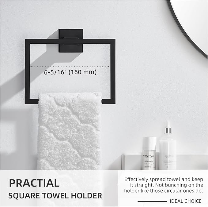Angle Simple Towel Holder Matte Black, Stainless Steel Square Hand Towel Ring Rack Hanger for Bathroom Wall Mount, 7.09 Inches