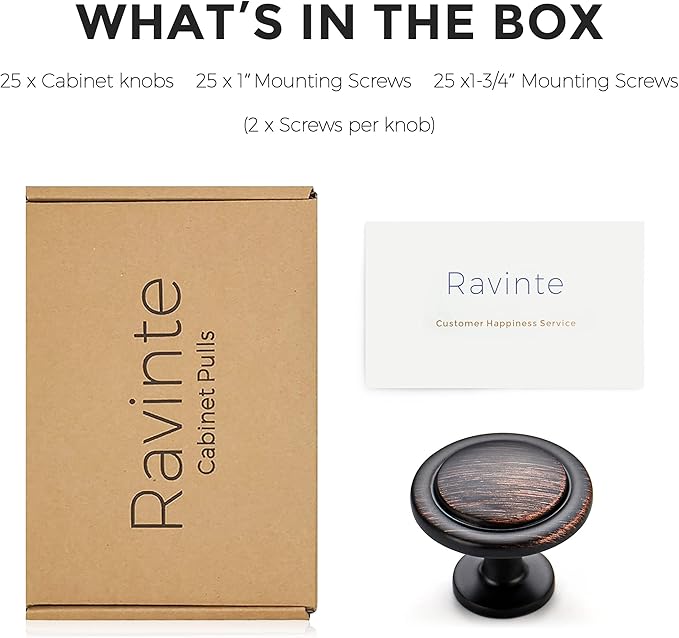 Ravinte 25 Pack 1-1/4 Inch Kitchen Cabinet Knobs Oil-Rubbed Bronze Zinc Pulls Door Handles for Dresser Drawers