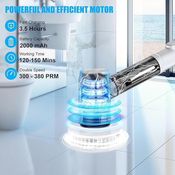 Electric Spin Scrubber, Scrub Brush Dual Speed, Power Shower Scrubber with 6 Replacement Head, Cordless Cleaning Brush with Extension Handle for Bathtub Grout Tile Floor, White