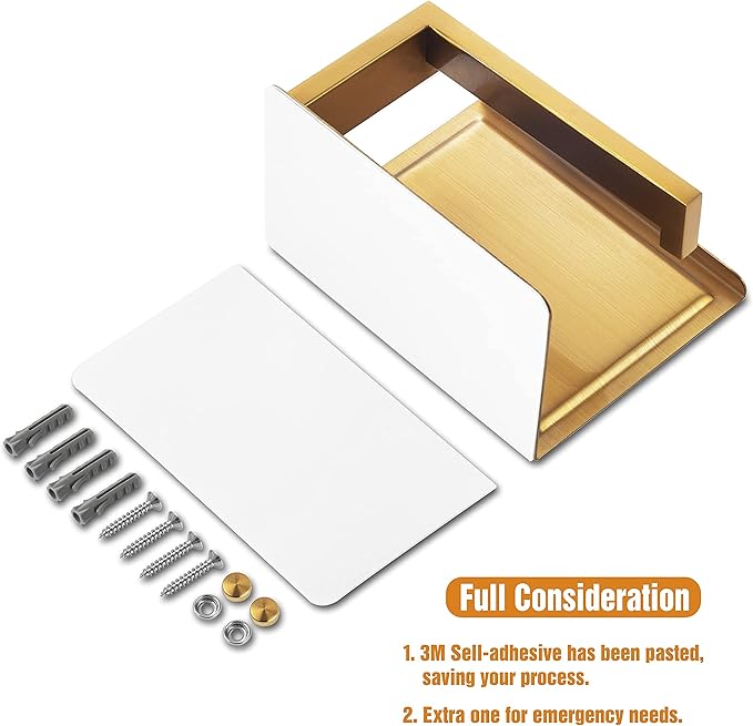 HITSLAM Gold Toilet Paper Holder, Stick on Brushed Brass Toilet Paper Holder with Shelf, Self Adhesive No Drill or Wall-Mount with Screws for Bathroom