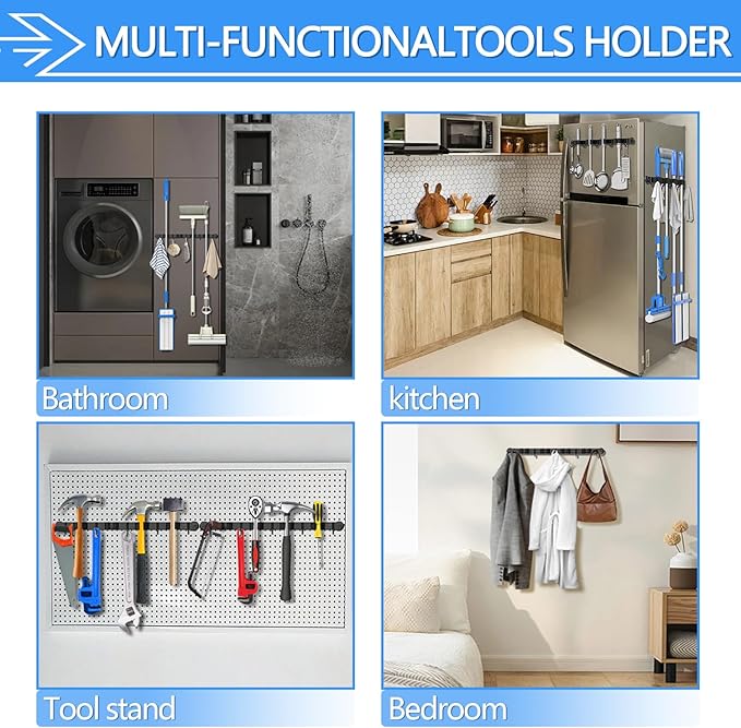 3-H Magnetic Broom Holder Wall Mount 1 Pack, 2-in-1 Dual Mount (No Drill or Screw Fix), 304 Stainless Steel Heavy Duty Magnet Mop Broom Organizer for Kitchen Garden Garage(4 Racks & 5 Hooks,Black)