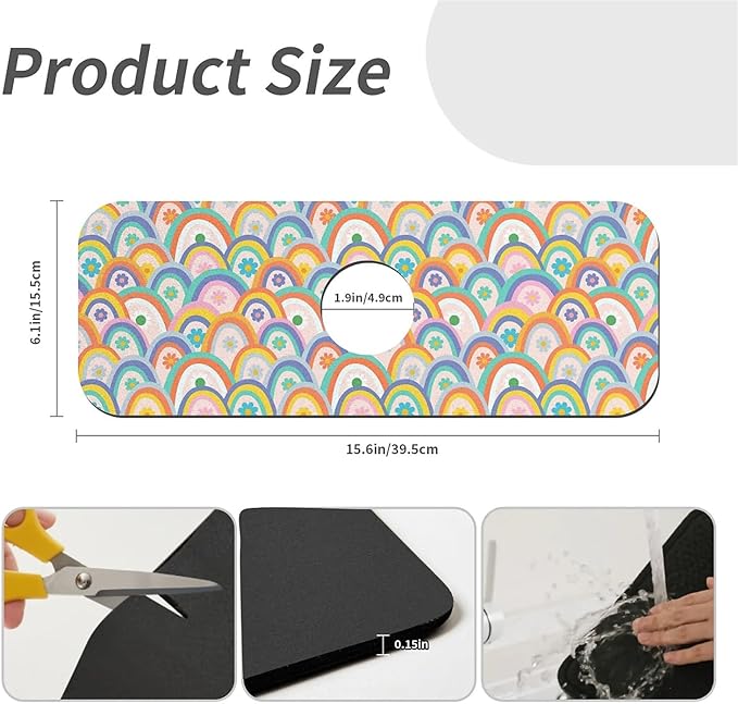 Faucet Draining Mat For Kitchen Sink, Boho Rainbow Hippie Floral Diatom Mud Absorbent Drain Pad For Bathroom Kitchen Sink Splash Guard Drying Mat