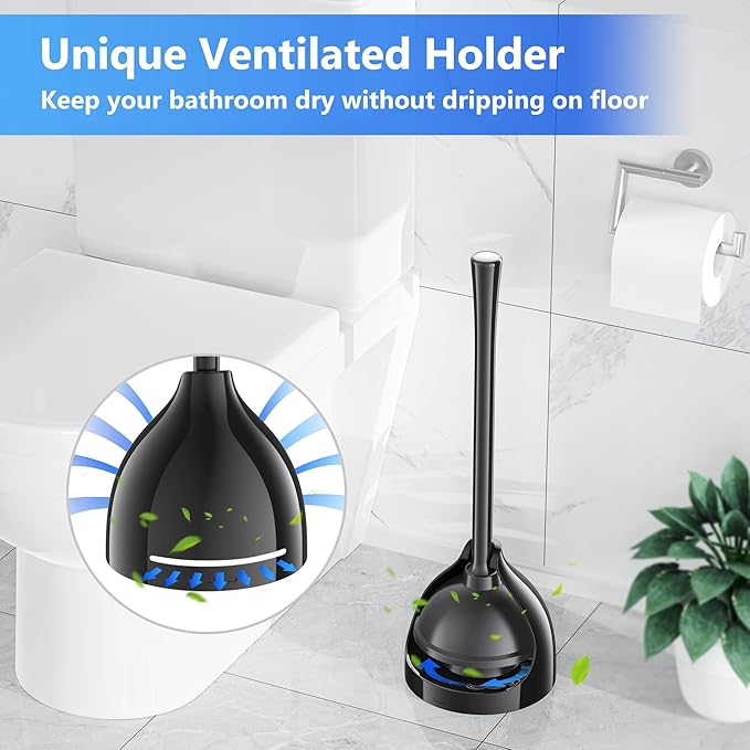 Toilet Plunger with Holder, Plunger with Unique Holder for 5.7-inch Toilet Drain, Plungers for Bathroom with Holder, Toilet Plunger Heavy Duty (1, Black)