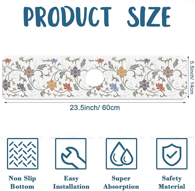 Art Ceramic Texture Sink Faucet Absorbing Mat Ceramic Flowers Super Absorbent Fast Drying Mat Sink Gadgets Behind Faucet Sinkmat for Kitchen Bathroom, 23.5"x5.5"