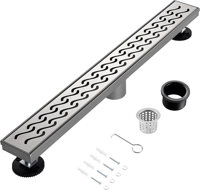 24 Inch Linear Shower Drain, Brushed Nickel Shower Drain,Removable Grate, 304 Stainless Steel, Easy to Install and Clean for Bathrooms (Drain Base Not Included), LSD-08A-24S